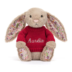 Blossom Beige Bunny 'Petal' with Personalized Red Jumper - Jellycat For Sale