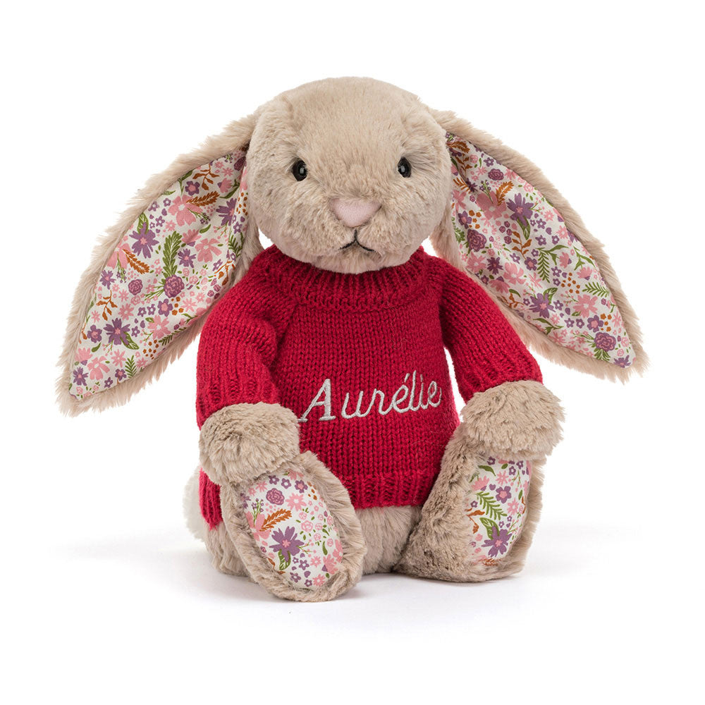 Blossom Beige Bunny 'Petal' with Personalized Red Jumper - Jellycat For Sale