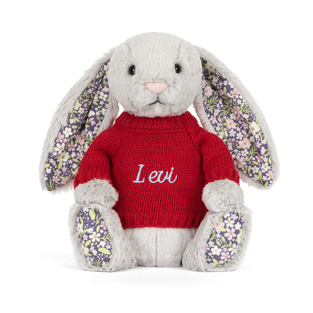 Blossom Silver Bunny 'Bloom' with Personalized Red Jumper - Jellycat Sale