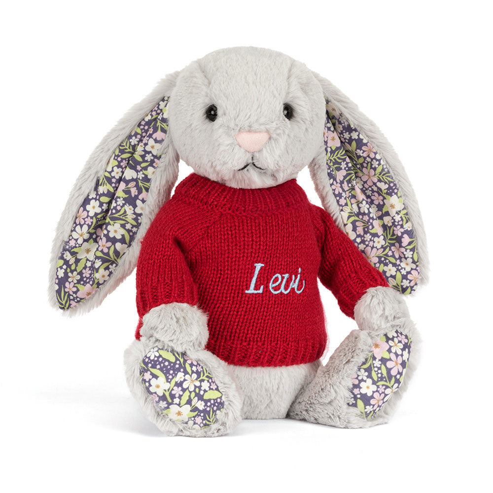 Blossom Silver Bunny 'Bloom' with Personalized Red Jumper - Jellycat Sale