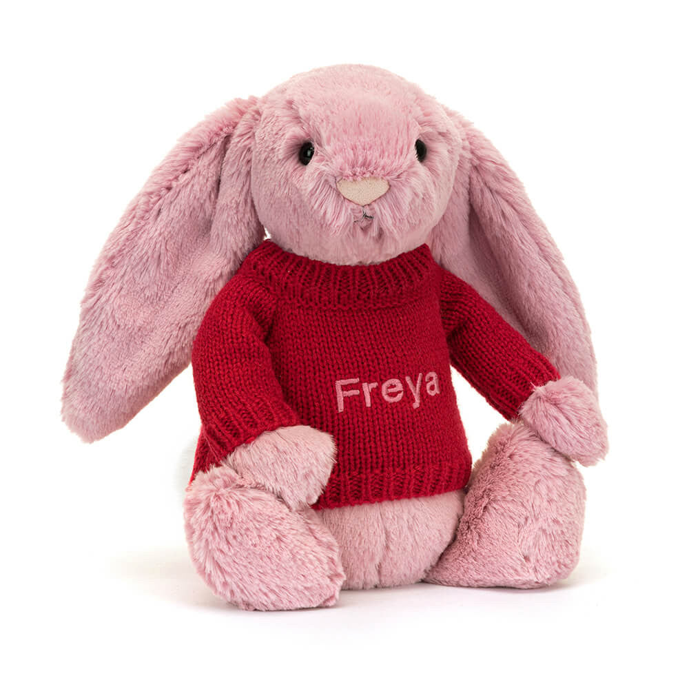 Bashful Tulip Pink Bunny with Personalized Red Jumper - Jellycat Sale